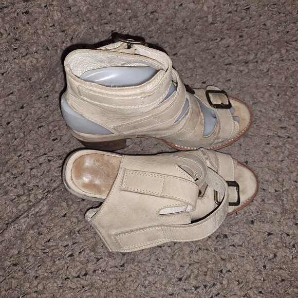 FREEBIRD BY STEVEN-Quail-Beige Leather Sandals Gladiator Wood Heel-Sz6-Excellent - Picture 8 of 9